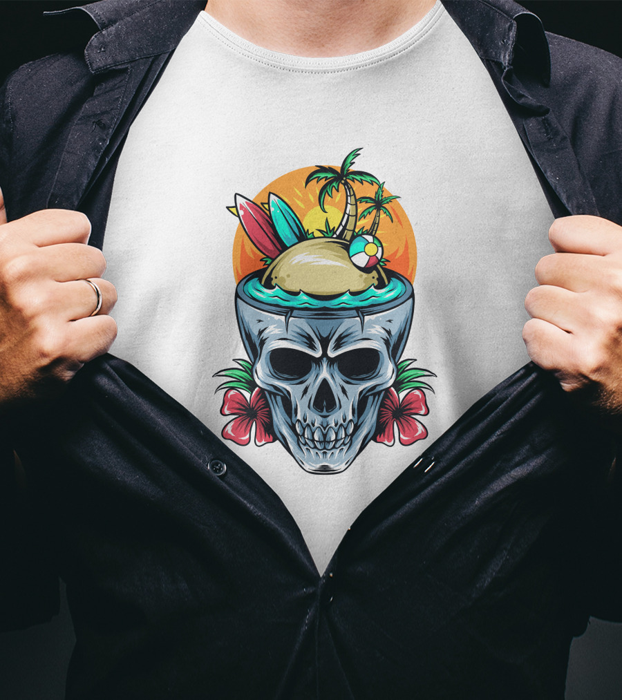 Summer Skull With Surfboards And Tropical Island T-Shirt
