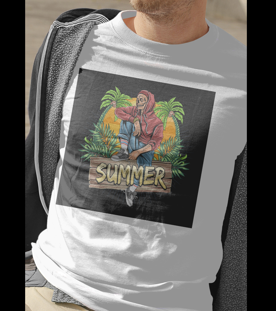 Skull Zombie Summer Tropical Vibes With Palm Trees And Sunset T-Shirt