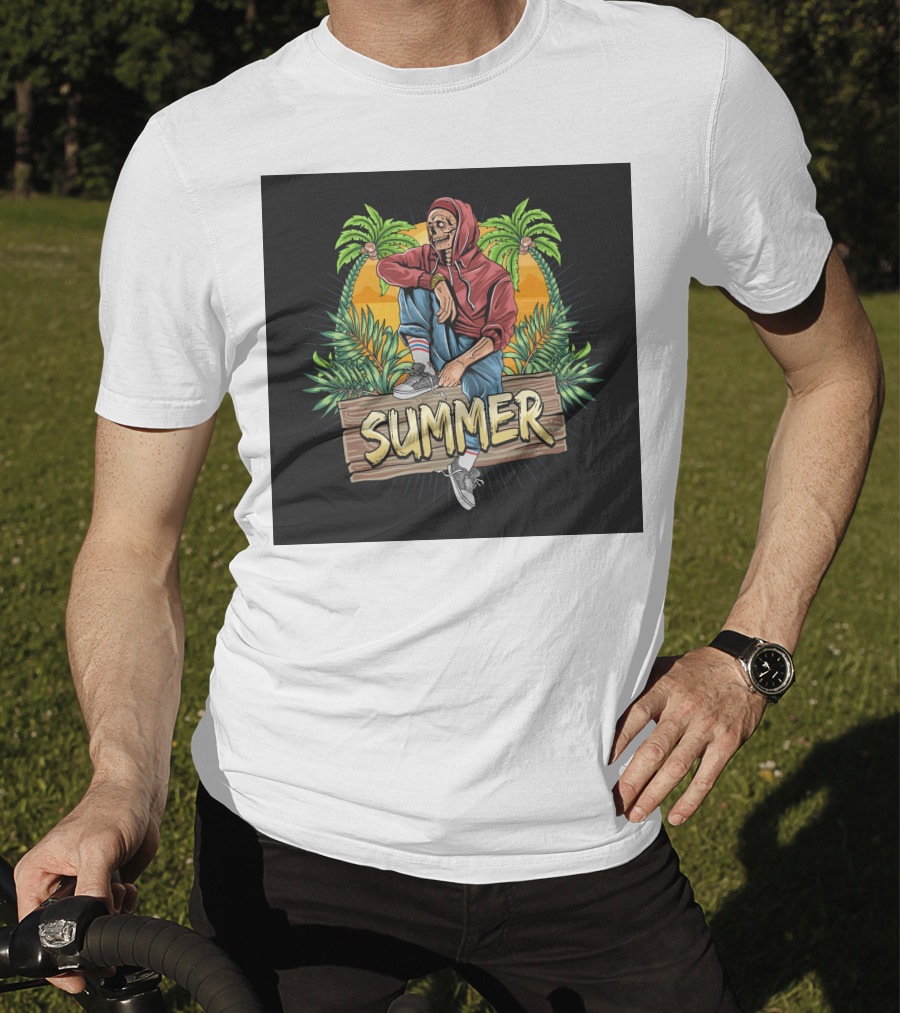 Skull Zombie Summer Tropical Vibes With Palm Trees And Sunset T-Shirt