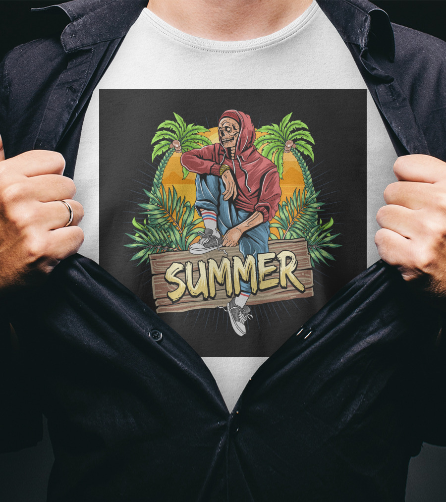 Skull Zombie Summer Tropical Vibes With Palm Trees And Sunset T-Shirt