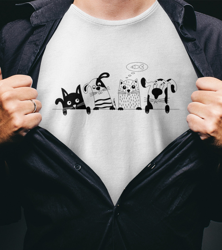 Animal Friends Cat Dog Cartoon With Thought Bubble Fish T-Shirt