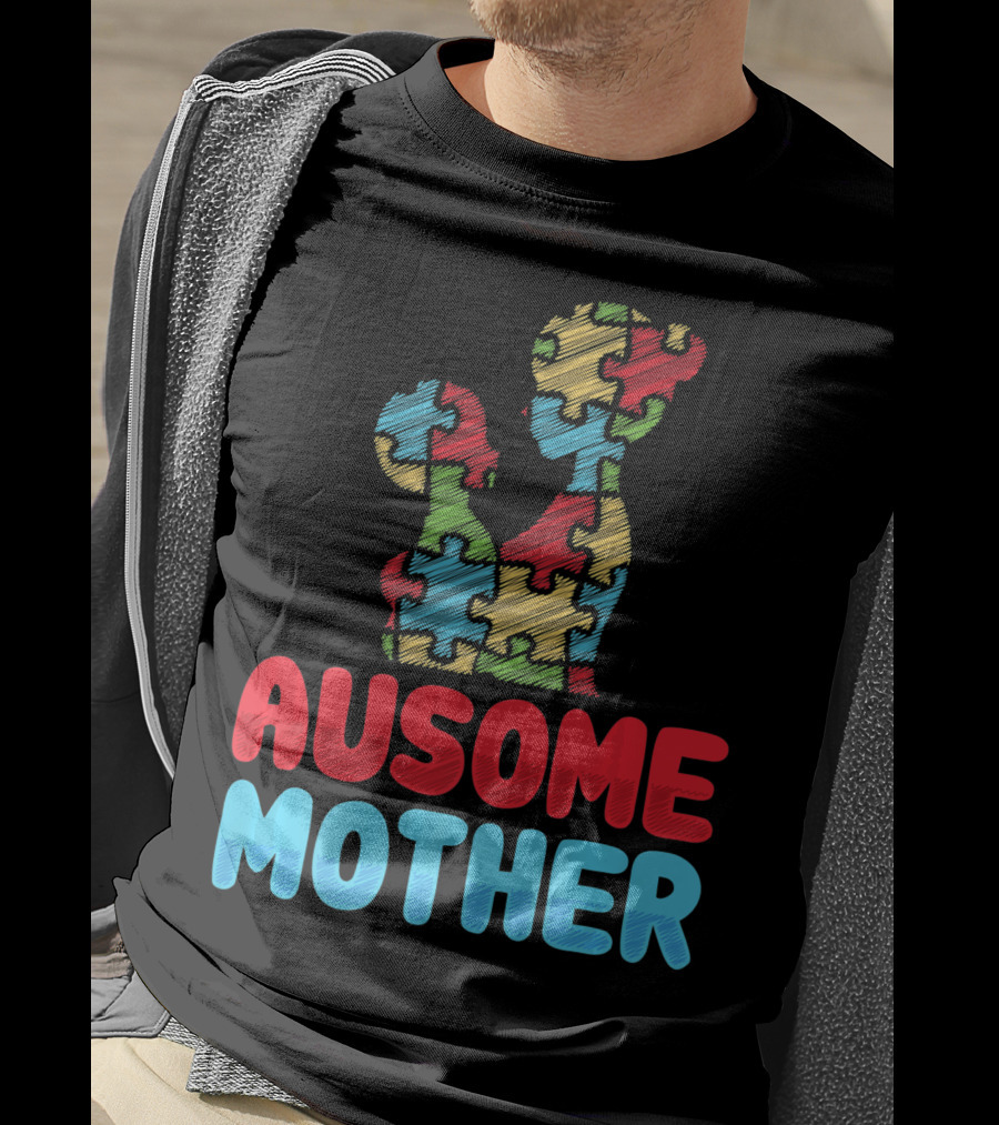 Ausome Mother Colorful Puzzle Piece Autism Awareness T-Shirt