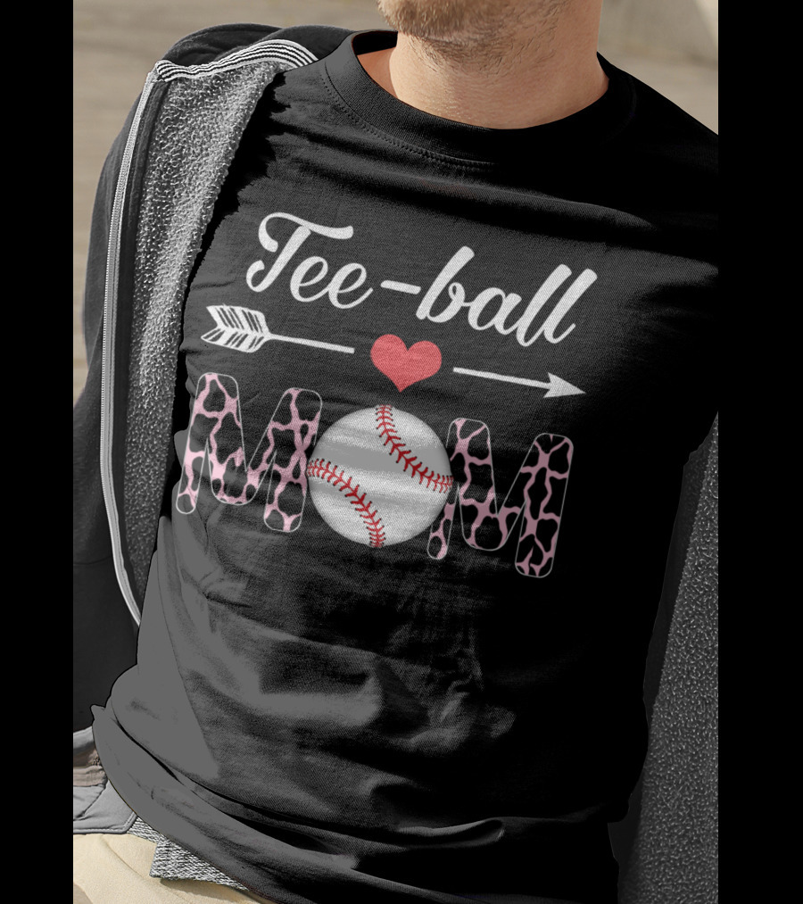 Tee-Ball Mom Heart Arrow Baseball Cow Print T-Shirt