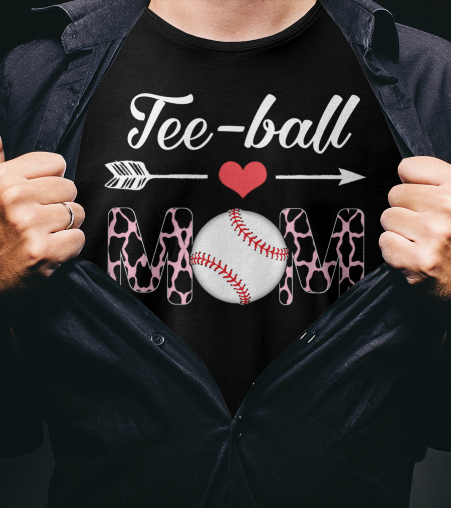 Tee-Ball Mom Heart Arrow Baseball Cow Print T-Shirt