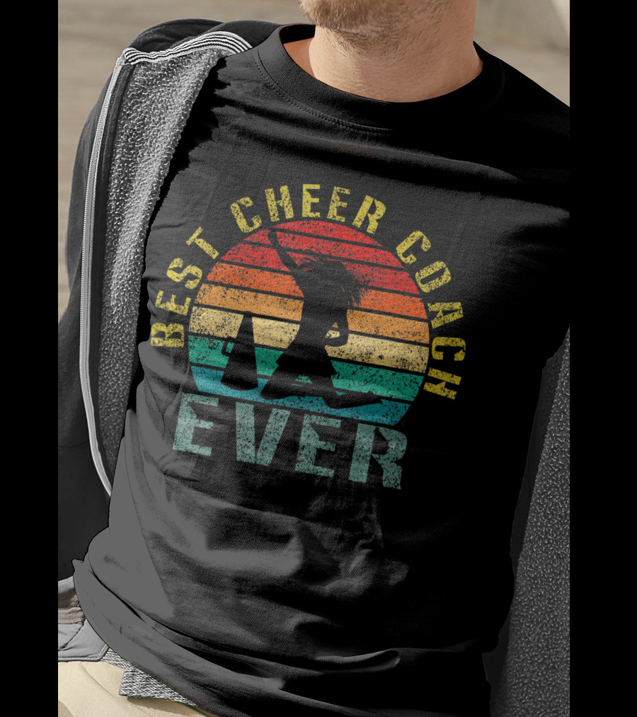 Best Cheer Coach Ever Vintage Silhouette With Megaphone And Sunset Stripes T-Shirt
