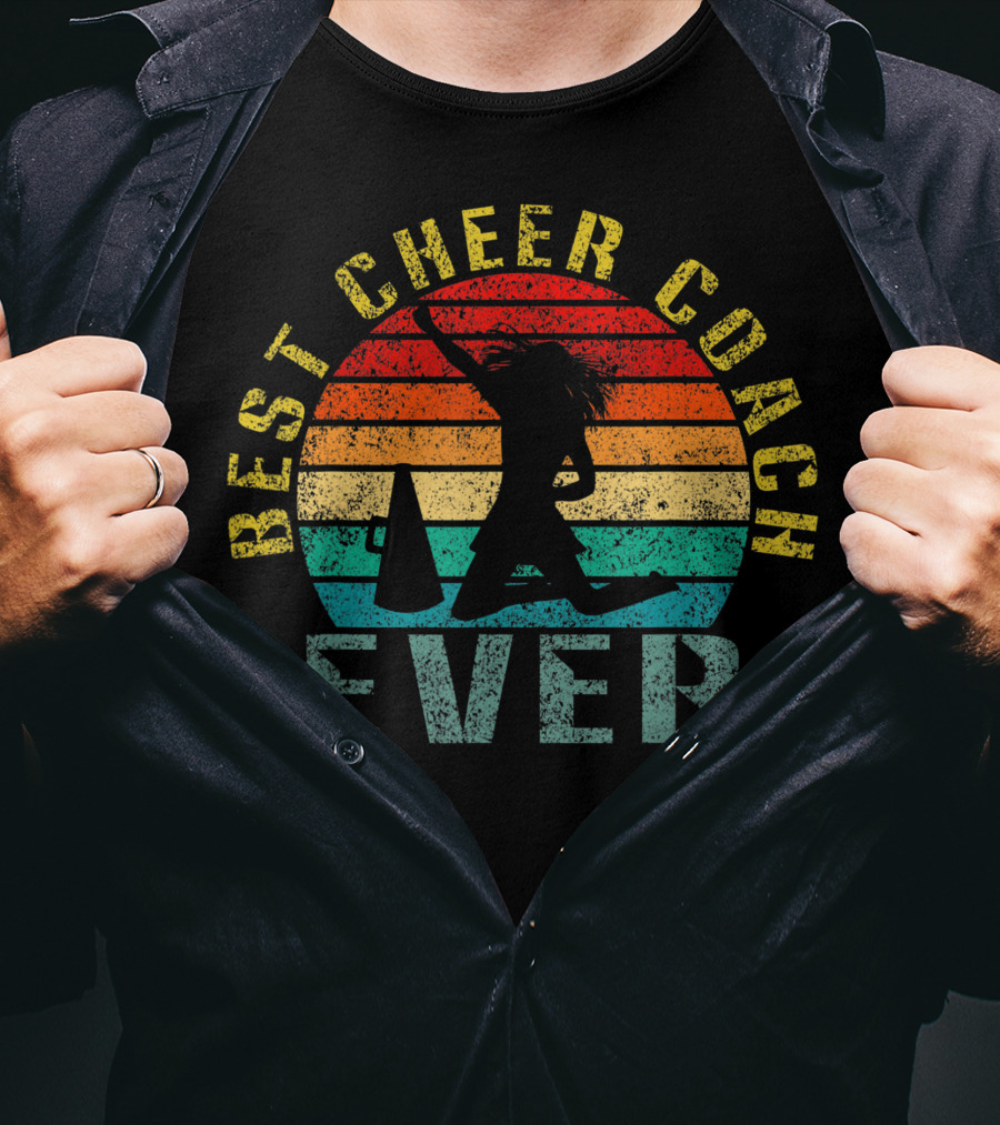 Best Cheer Coach Ever Vintage Silhouette With Megaphone And Sunset Stripes T-Shirt