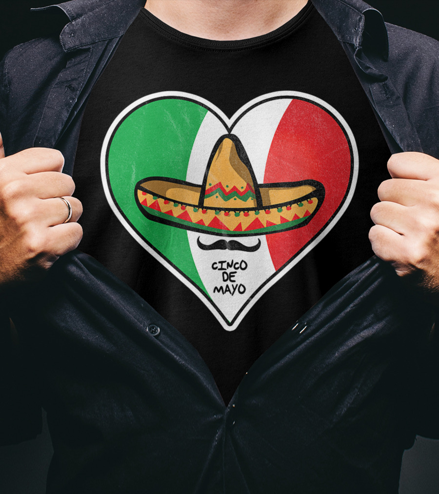 Cinco De Mayo Vintage Sombrero Heart Mexican Flag T-Shirt