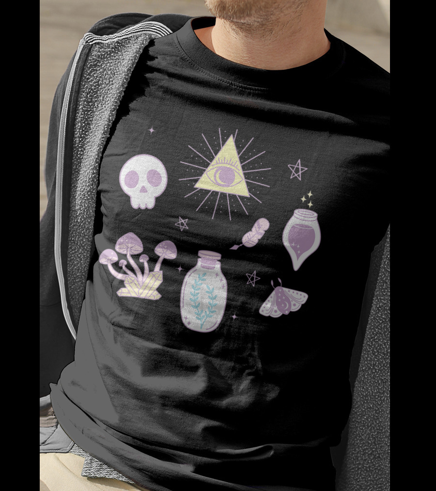 Cute Creepy Pastel Kawaii Goth Witch Aesthetic With Skull Pyramid Mushrooms And Potion Elements T-Shirt