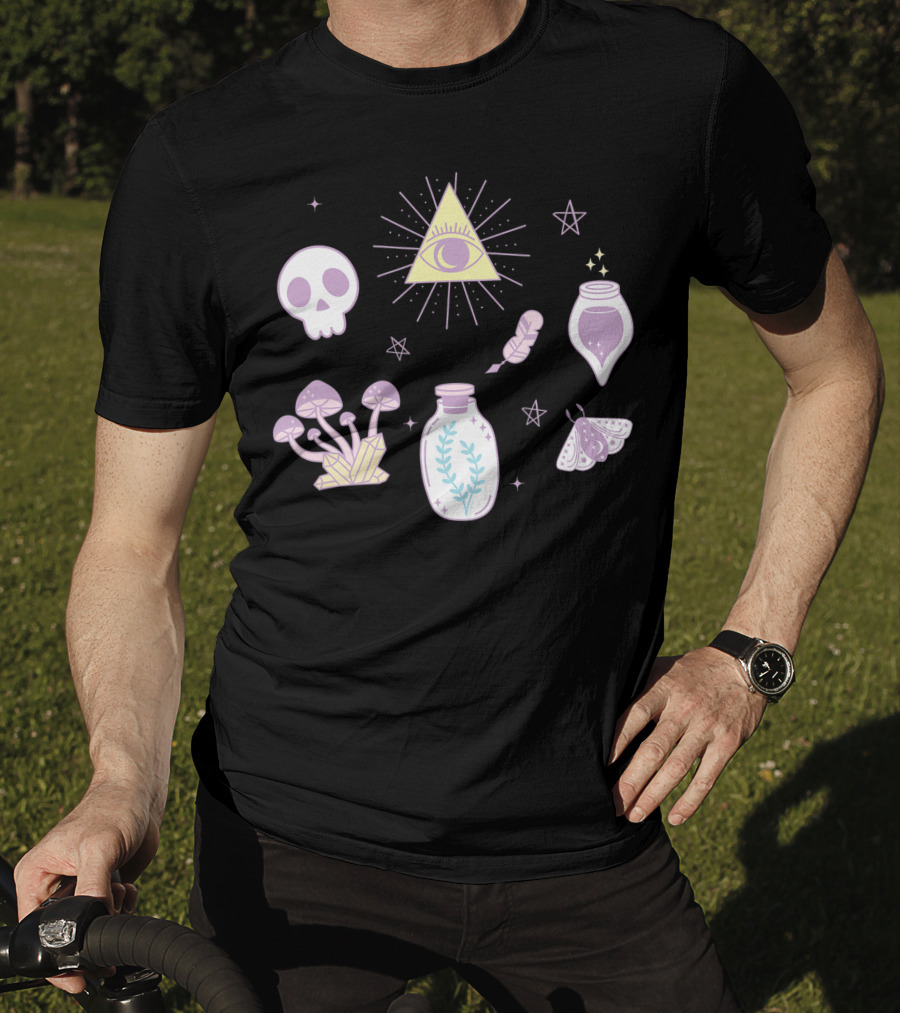 Cute Creepy Pastel Kawaii Goth Witch Aesthetic With Skull Pyramid Mushrooms And Potion Elements T-Shirt