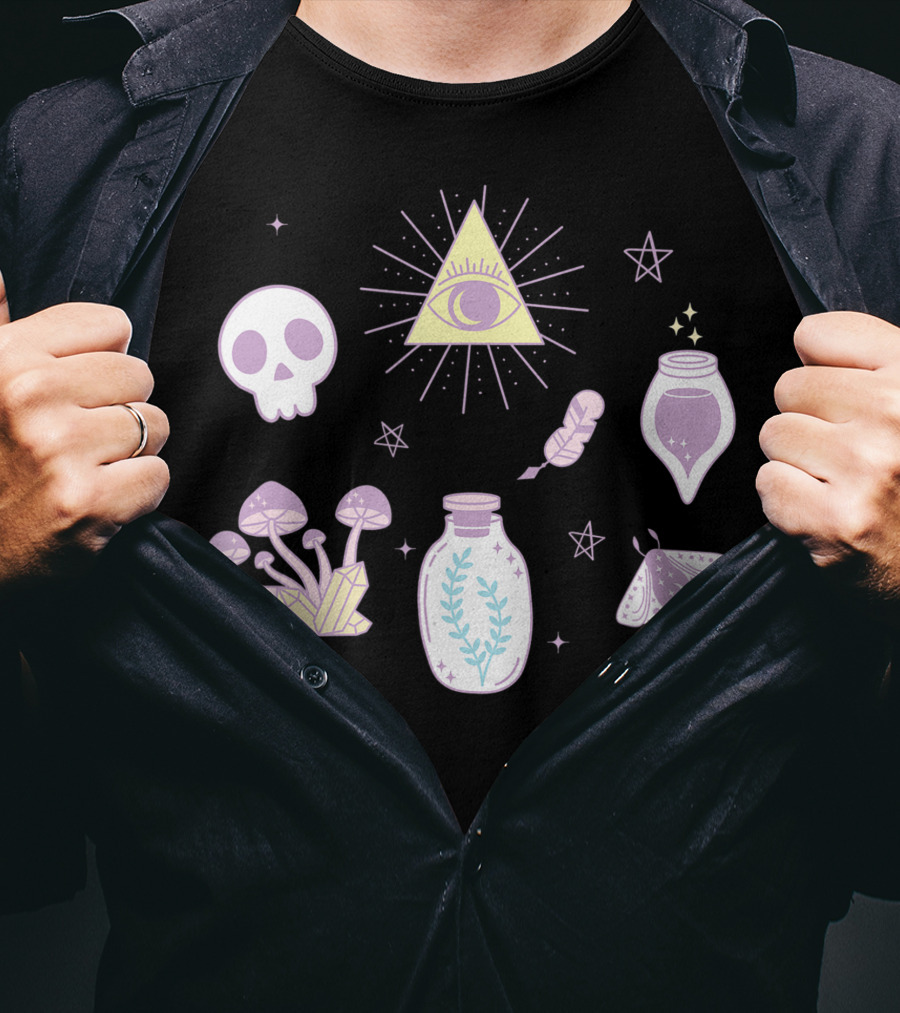 Cute Creepy Pastel Kawaii Goth Witch Aesthetic With Skull Pyramid Mushrooms And Potion Elements T-Shirt