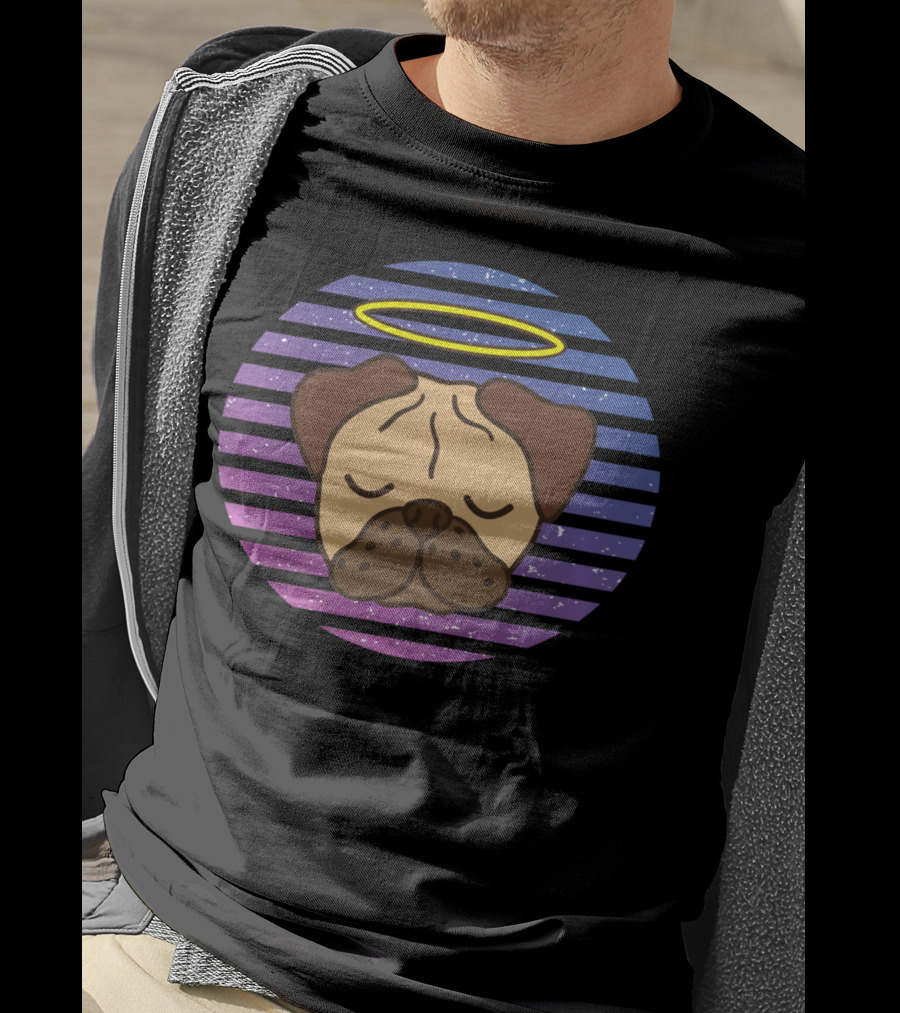 Cute Pug Halo Retro Stripes T-Shirt