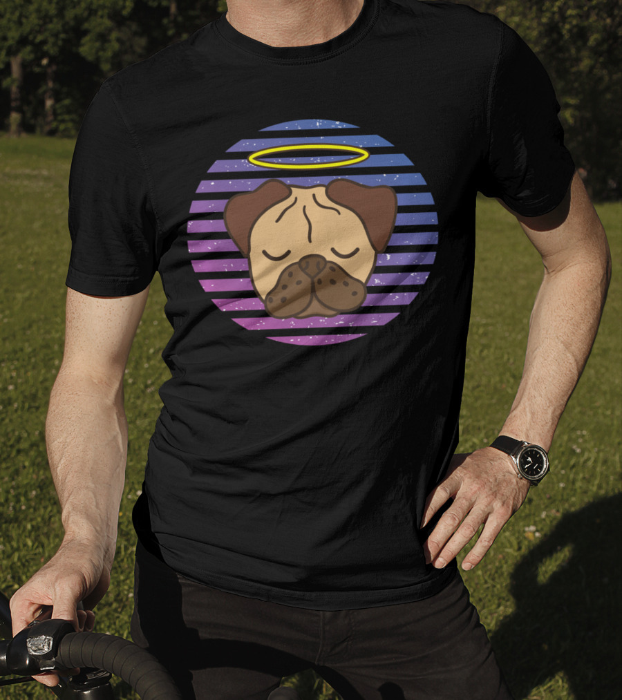Cute Pug Halo Retro Stripes T-Shirt