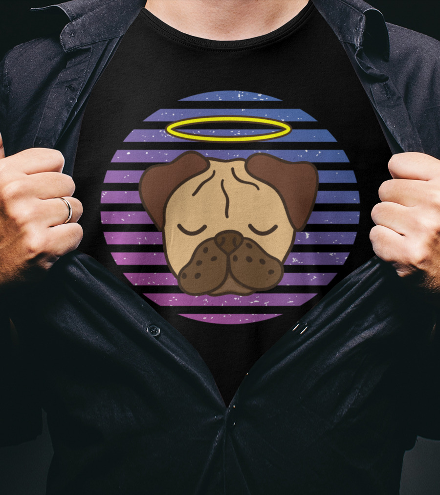 Cute Pug Halo Retro Stripes T-Shirt