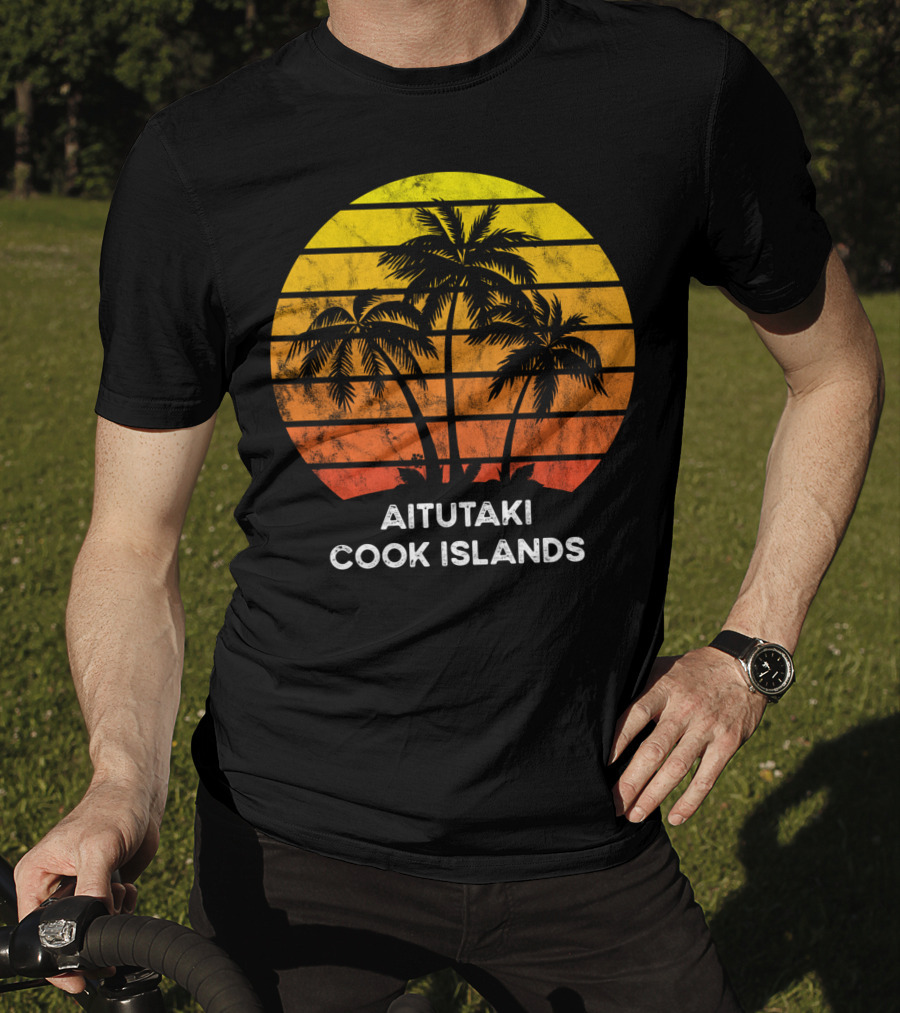 Aitutaki Cook Islands Sunset Palm Tree Vacation Beach Scene T-Shirt