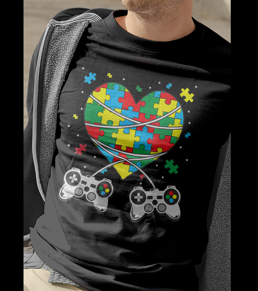 Boys Autism Awareness Month Puzzle Heart Video Game Controllers T-Shirt