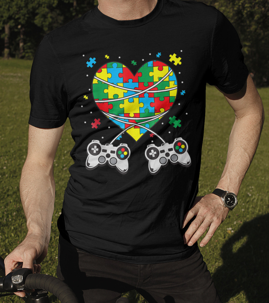 Boys Autism Awareness Month Puzzle Heart Video Game Controllers T-Shirt