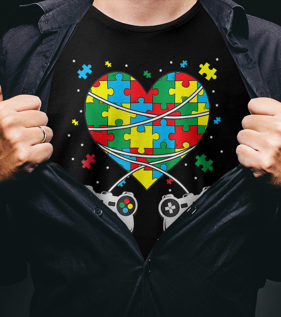 Boys Autism Awareness Month Puzzle Heart Video Game Controllers T-Shirt