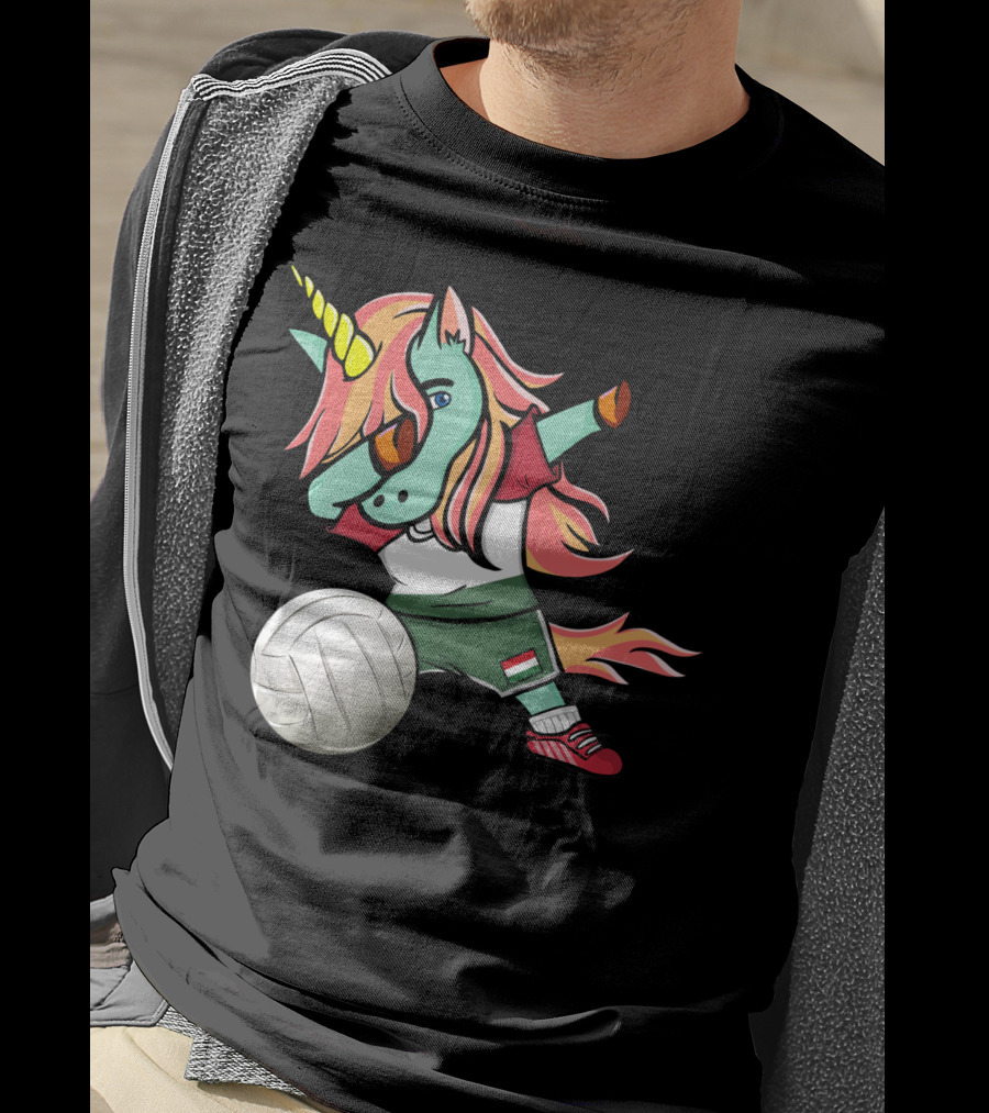 Dabbing Unicorn Hungarian Volleyball Lovers With Flag Jersey T-Shirt