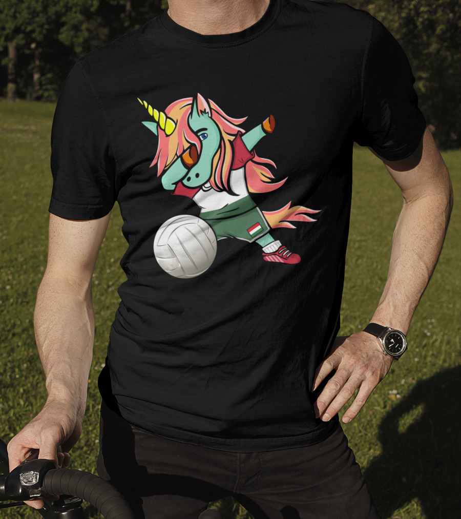 Dabbing Unicorn Hungarian Volleyball Lovers With Flag Jersey T-Shirt