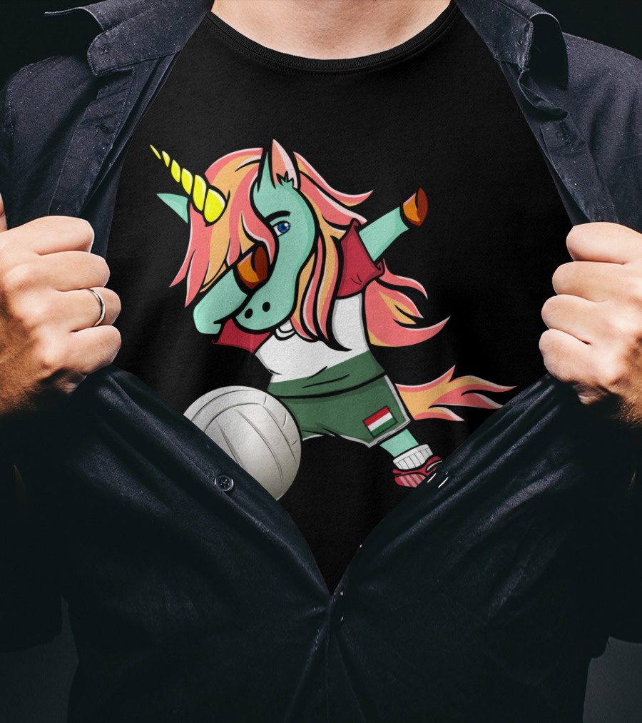 Dabbing Unicorn Hungarian Volleyball Lovers With Flag Jersey T-Shirt