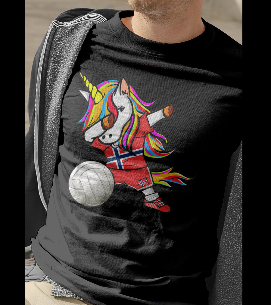 Dabbing Unicorn Norway Volleyball Fans Norwegian Flag Rainbow Jersey T-Shirt