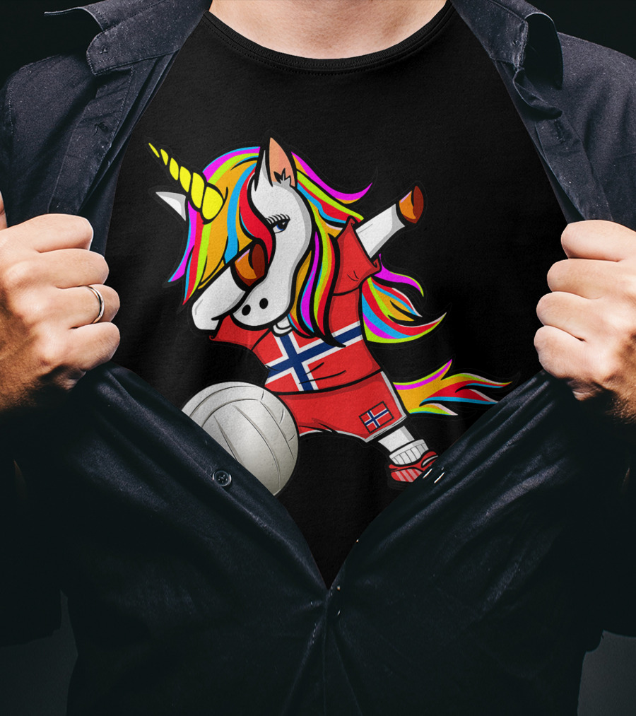 Dabbing Unicorn Norway Volleyball Fans Norwegian Flag Rainbow Jersey T-Shirt
