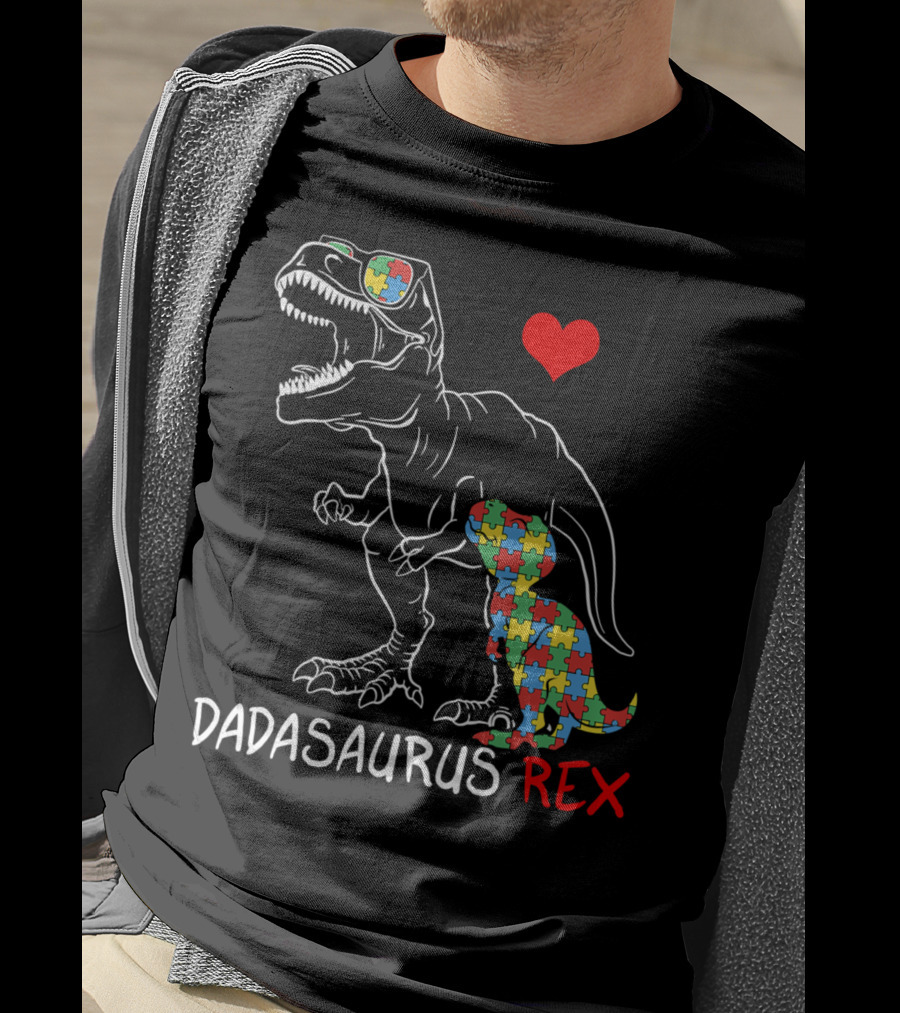 Dadasaurus Rex Heart Puzzle Autism Awareness Daddy T-Shirt