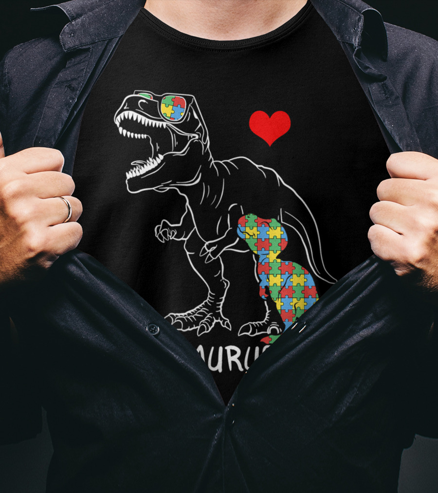 Dadasaurus Rex Heart Puzzle Autism Awareness Daddy T-Shirt