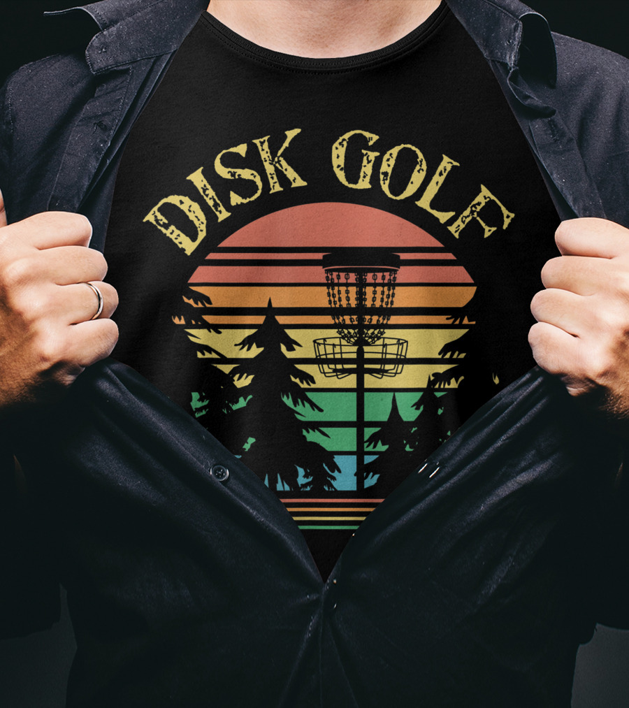 Disk Golf Sunset Forest Basket Scene T-Shirt