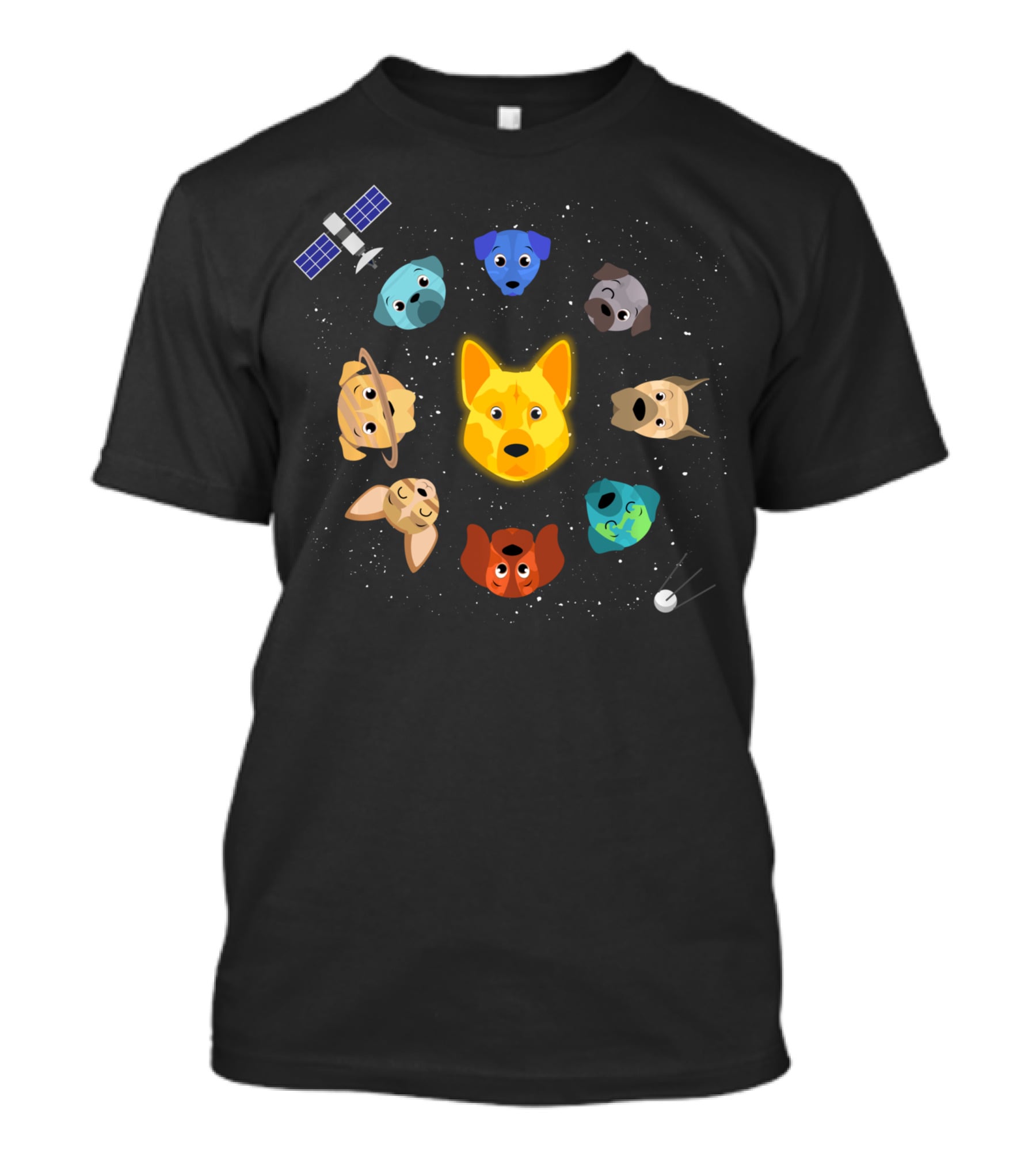 Dogs In Space Puppy Heads Orbiting With Rocket And Satellite T-Shirt