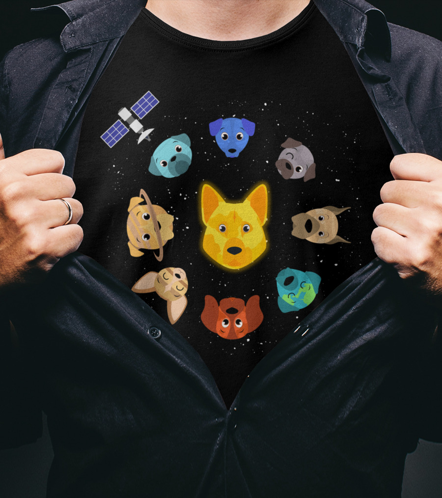 Dogs In Space Puppy Heads Orbiting With Rocket And Satellite T-Shirt