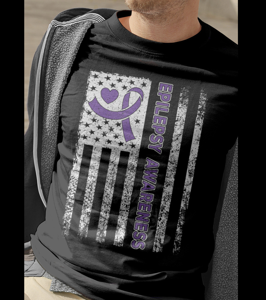 Epilepsy Awareness Flag Purple Ribbon Heart Warrior T-Shirt