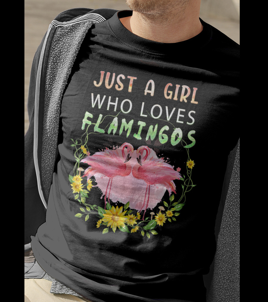 Just A Girl Who Loves Flamingos With Pink Flamingo Pair And Yellow Flowers T-Shirt