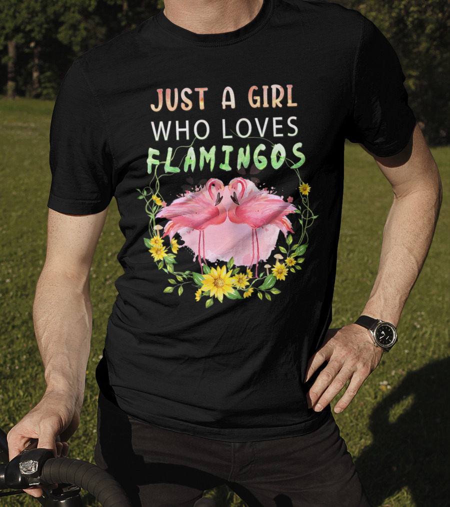 Just A Girl Who Loves Flamingos With Pink Flamingo Pair And Yellow Flowers T-Shirt