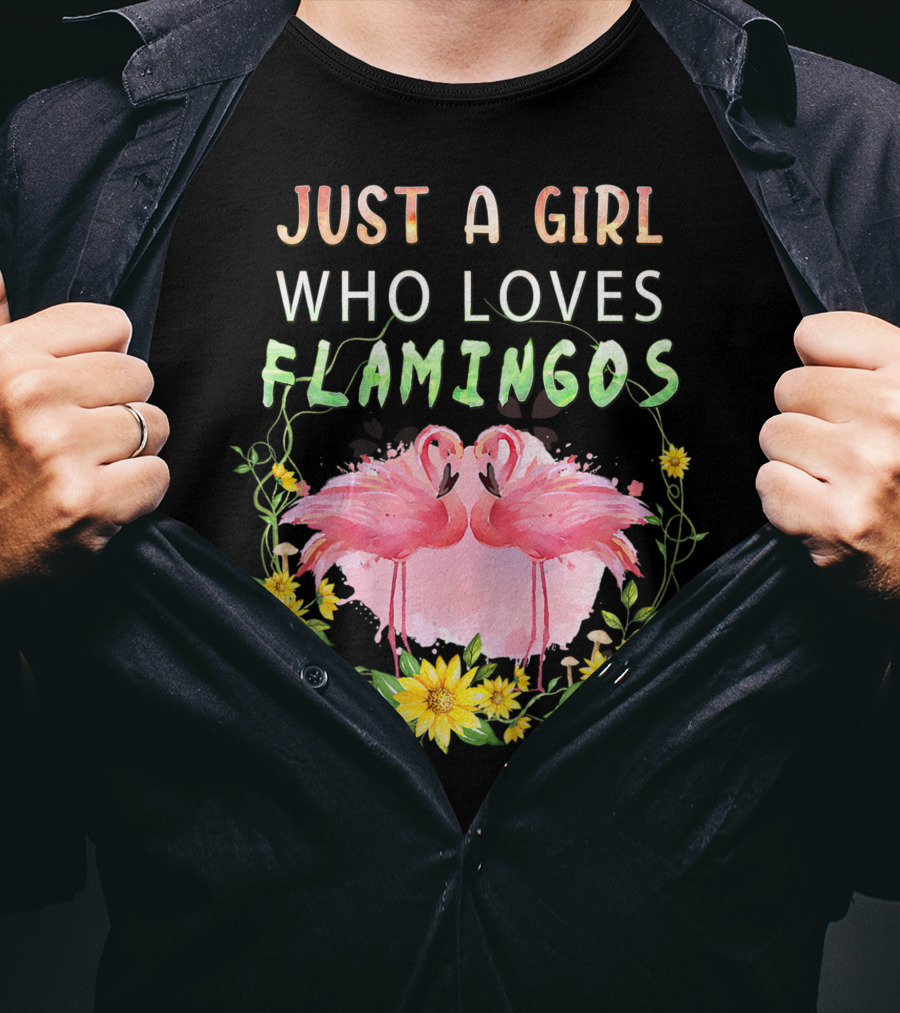 Just A Girl Who Loves Flamingos With Pink Flamingo Pair And Yellow Flowers T-Shirt