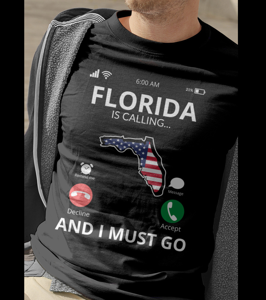 Florida Is Calling And I Must Go American Flag Florida Map T-Shirt