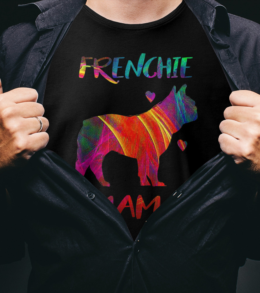 Frenchie Mama Colorful Bulldog Owner Graphic With Heart Accents T-Shirt
