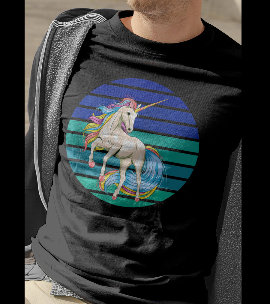 Girls Unicorn Rainbow Striped Sunset T-Shirt