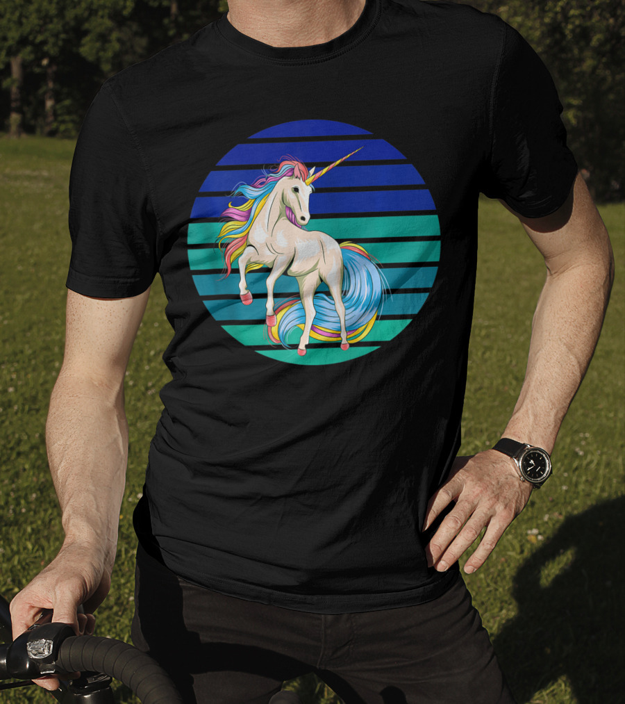 Girls Unicorn Rainbow Striped Sunset T-Shirt