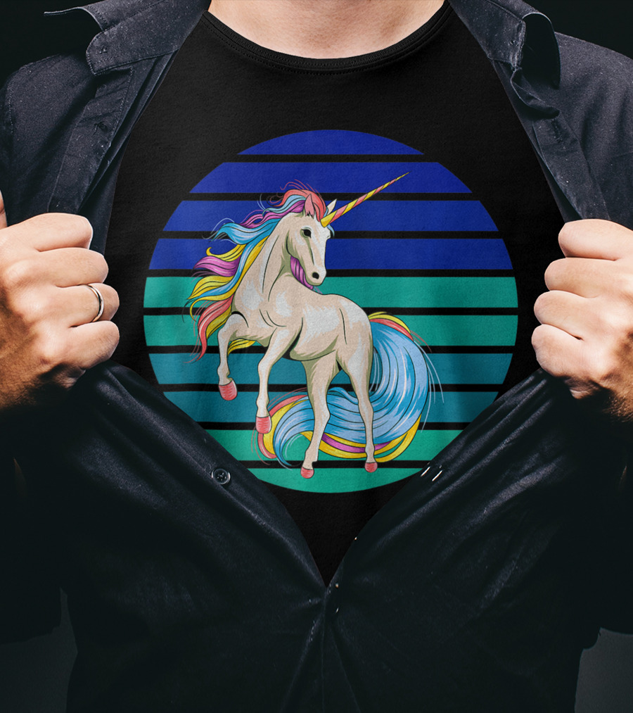 Girls Unicorn Rainbow Striped Sunset T-Shirt