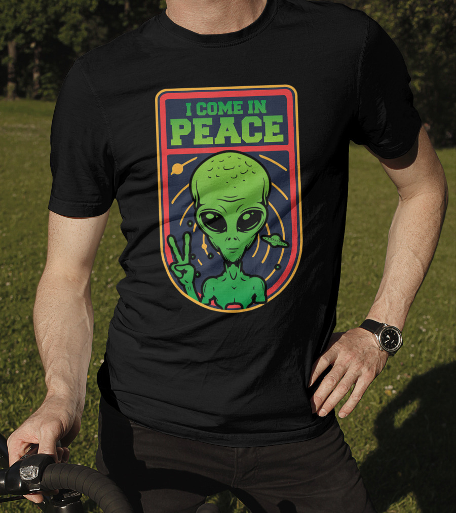I Come In Peace Green Alien Face Head With UFO And Peace Sign T-Shirt