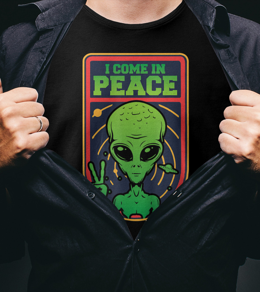 I Come In Peace Green Alien Face Head With UFO And Peace Sign T-Shirt
