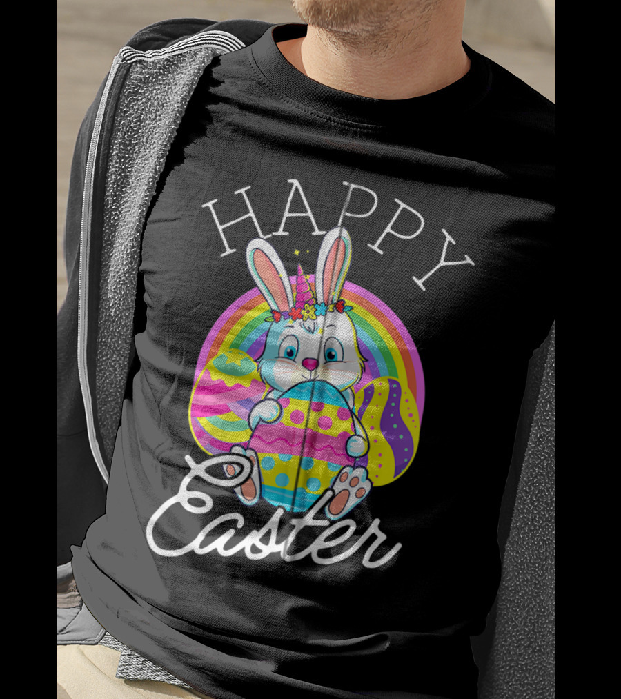 Happy Easter Unicorn Bunny Rabbit Eggs Rainbow Cute Kids Girls Women T-Shirt