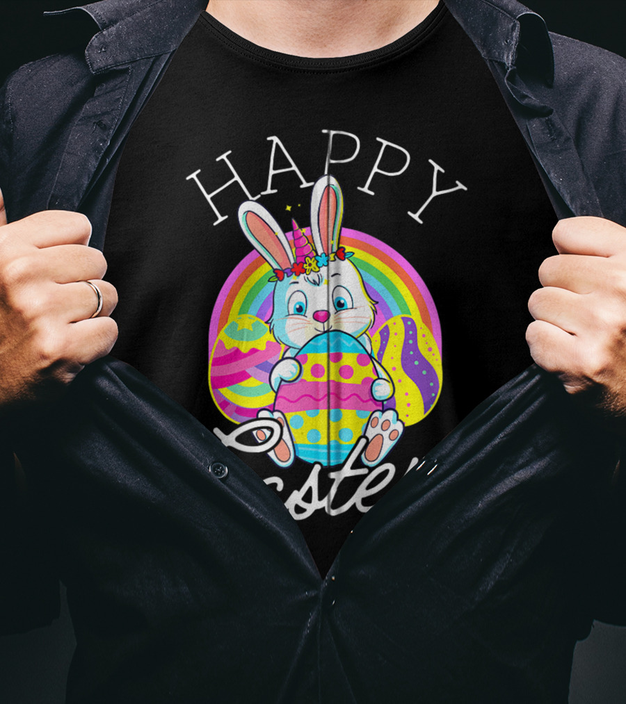 Happy Easter Unicorn Bunny Rabbit Eggs Rainbow Cute Kids Girls Women T-Shirt