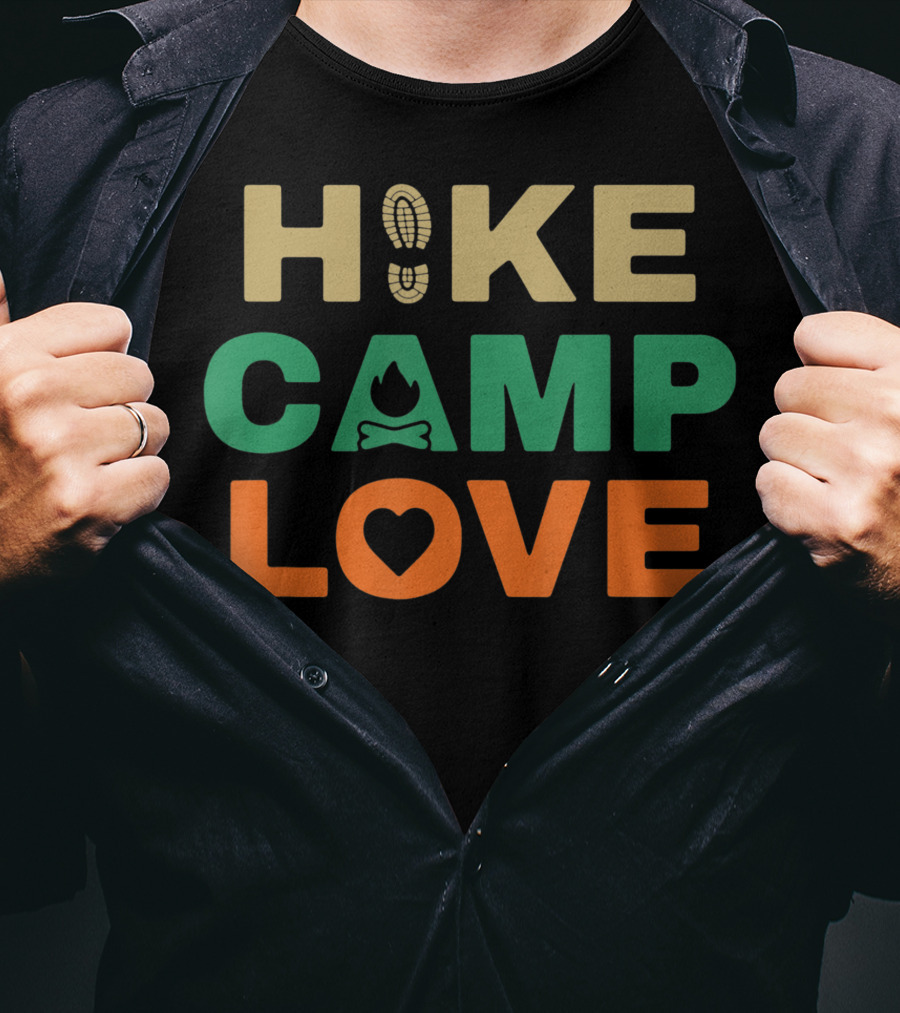Hike Camp Love Boot Print Bonfire Heart Camping Hiking T-Shirt