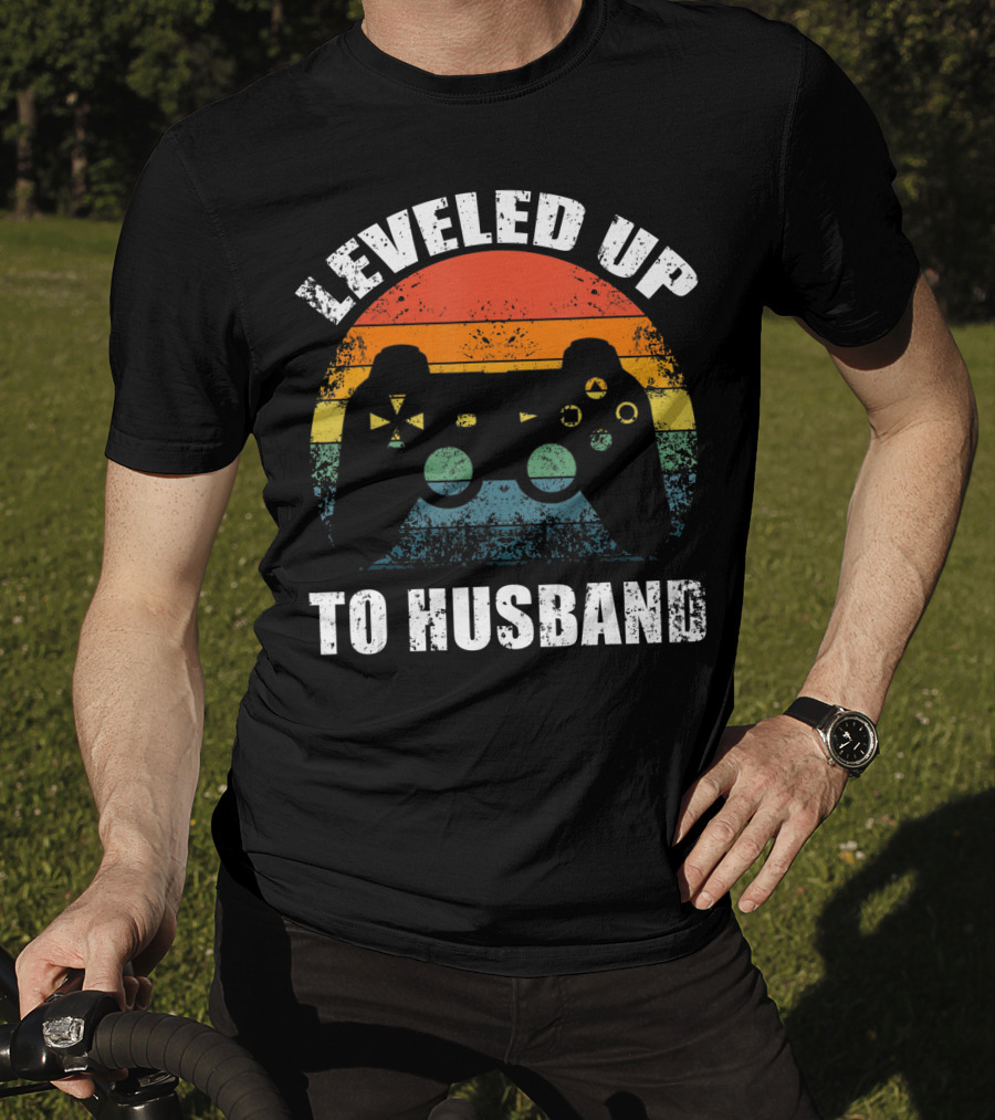 Leveled Up To Husband Retro Video Game Controller Wedding Announcement T-Shirt