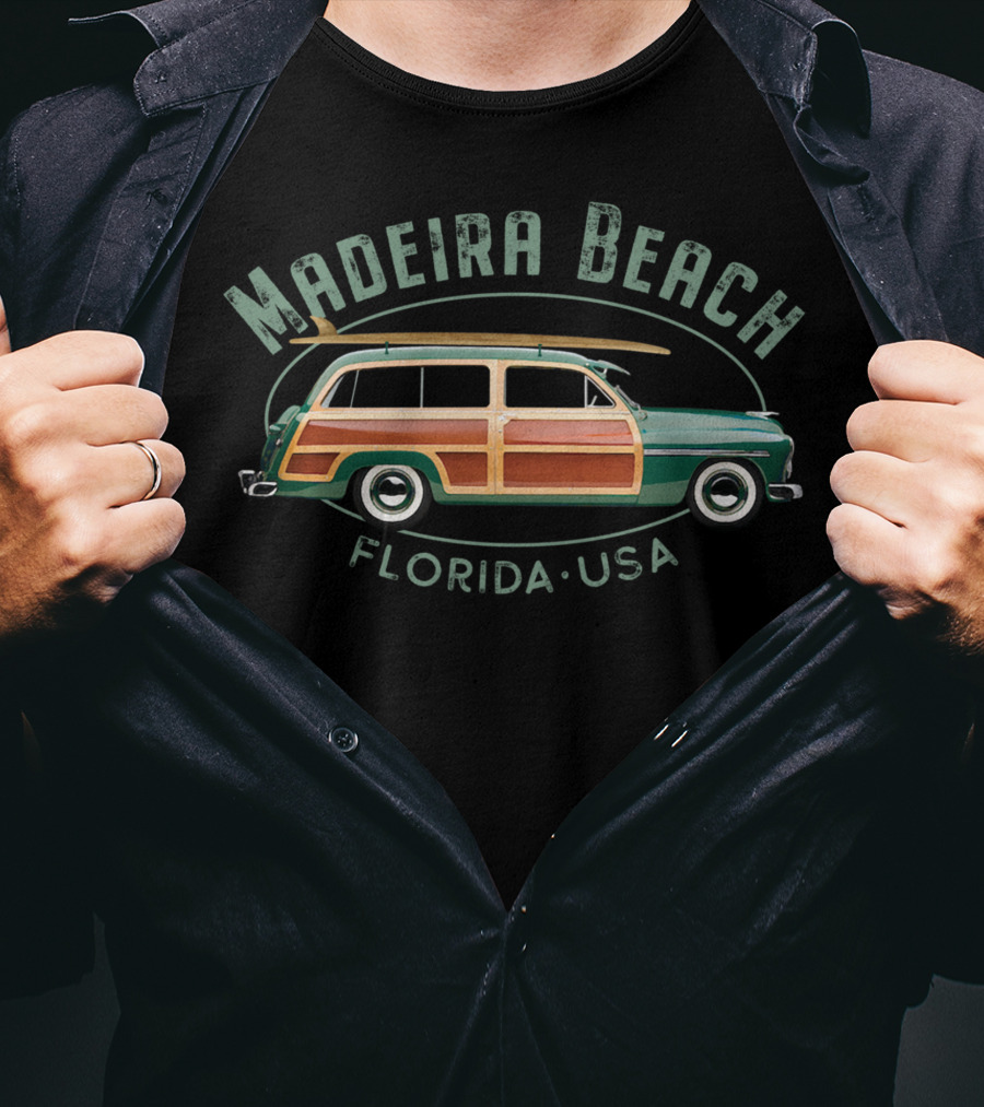 Madeira Beach Florida USA Vintage Surfing Woody Car Surfboard T-Shirt