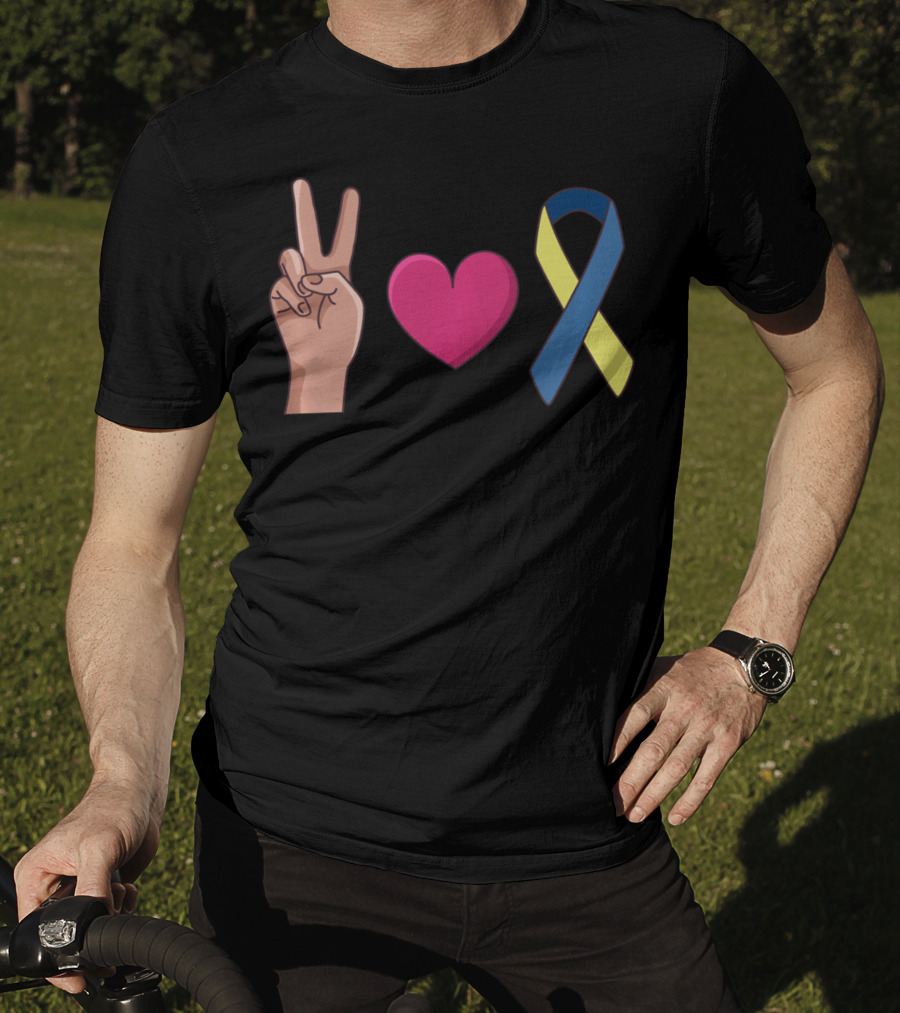 Peace Love Down Syndrome Awareness Blue Yellow T-Shirt