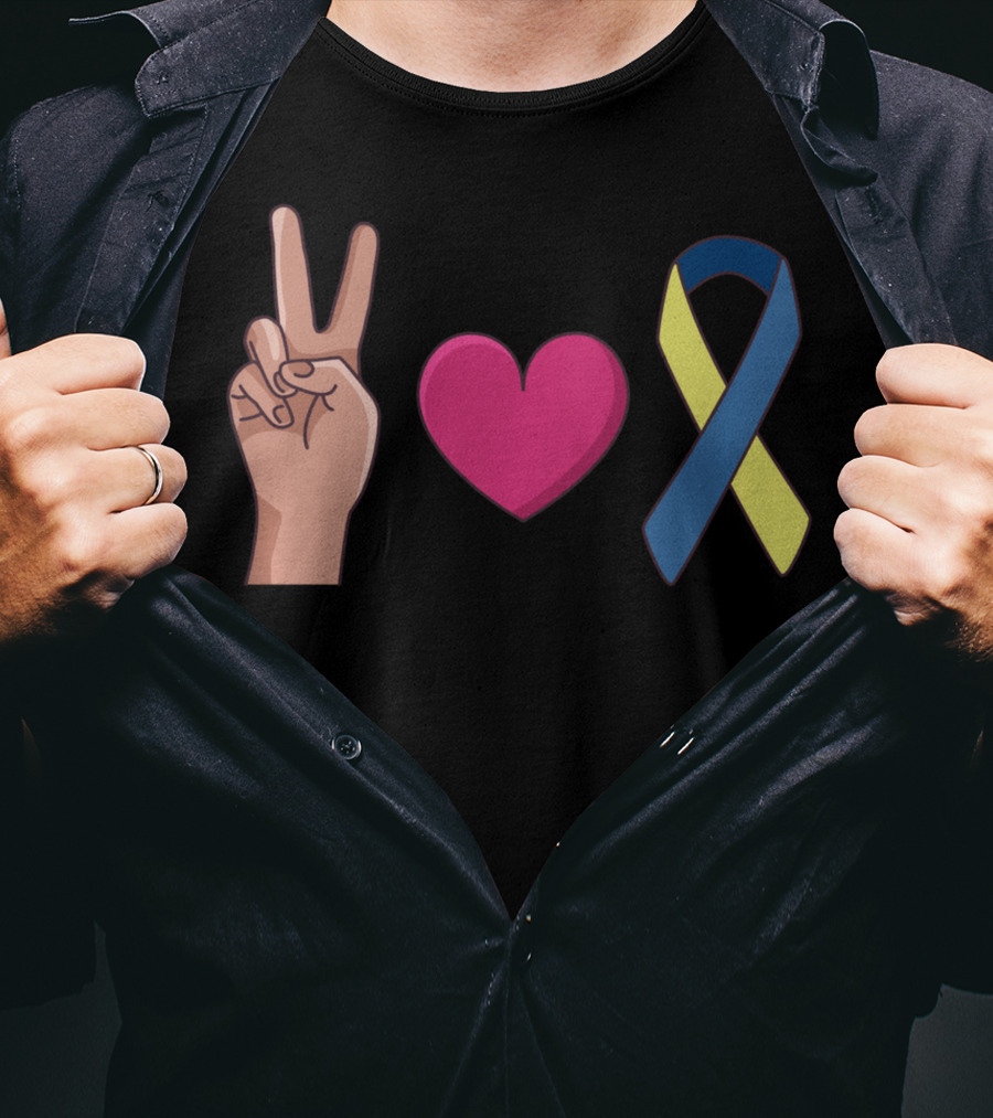 Peace Love Down Syndrome Awareness Blue Yellow T-Shirt