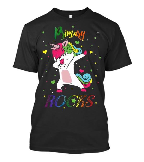 Primary Rocks Colorful Dabbing Unicorn With Hearts And Stars T-Shirt